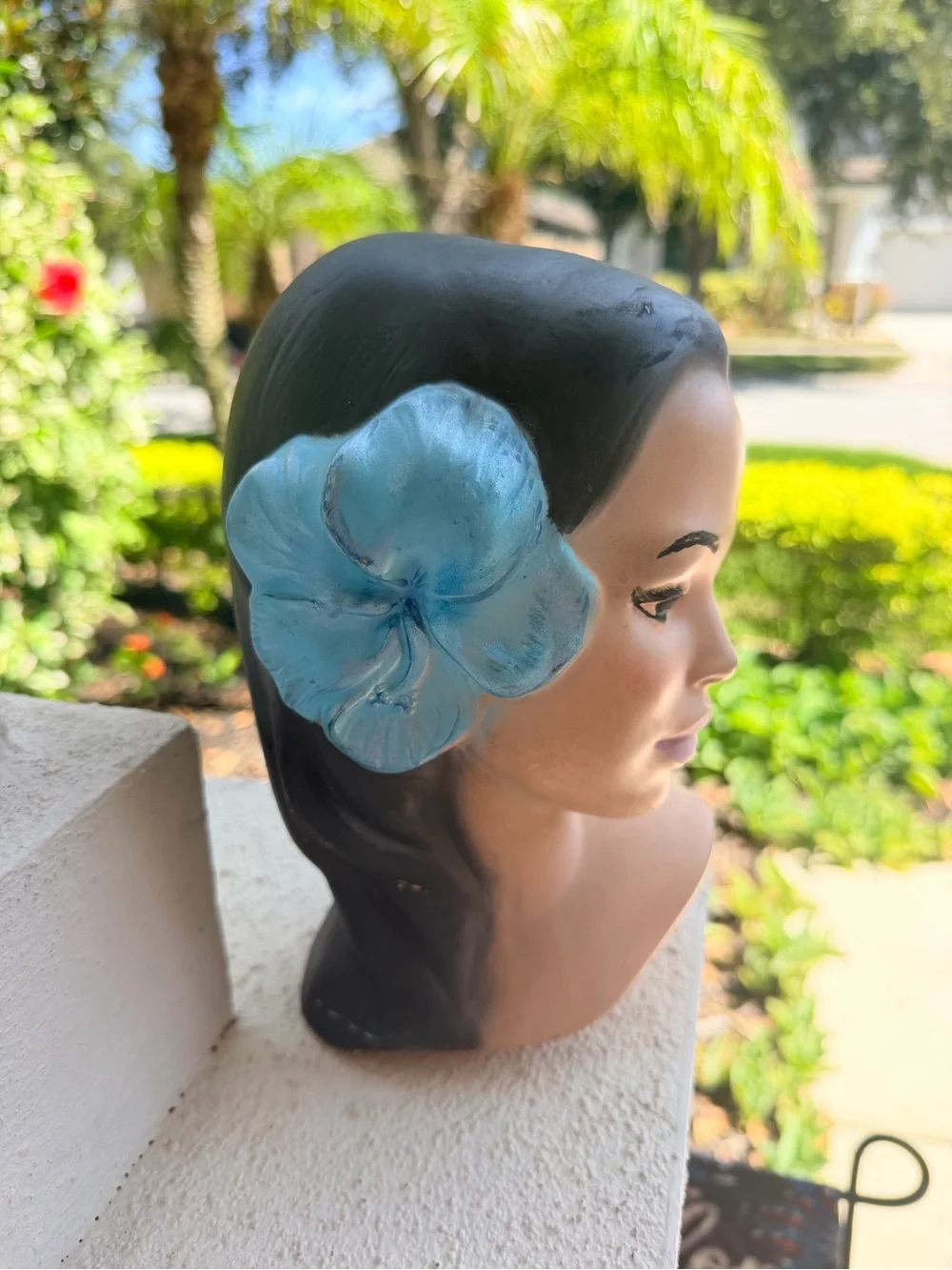 Vintage Ceramic Lady Head Bust Figurine Blue Flower Mid Century Retro Decor